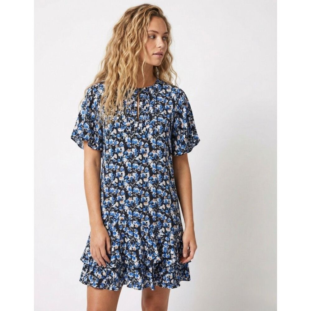 NWT Reiss Blue Floral Tiered Ruffle Mini Dress Wedding Guest 4 Small Cocktail
